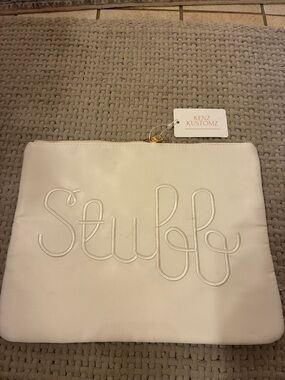 White 'Stuff' Embroidered Cosmetic Pouch
